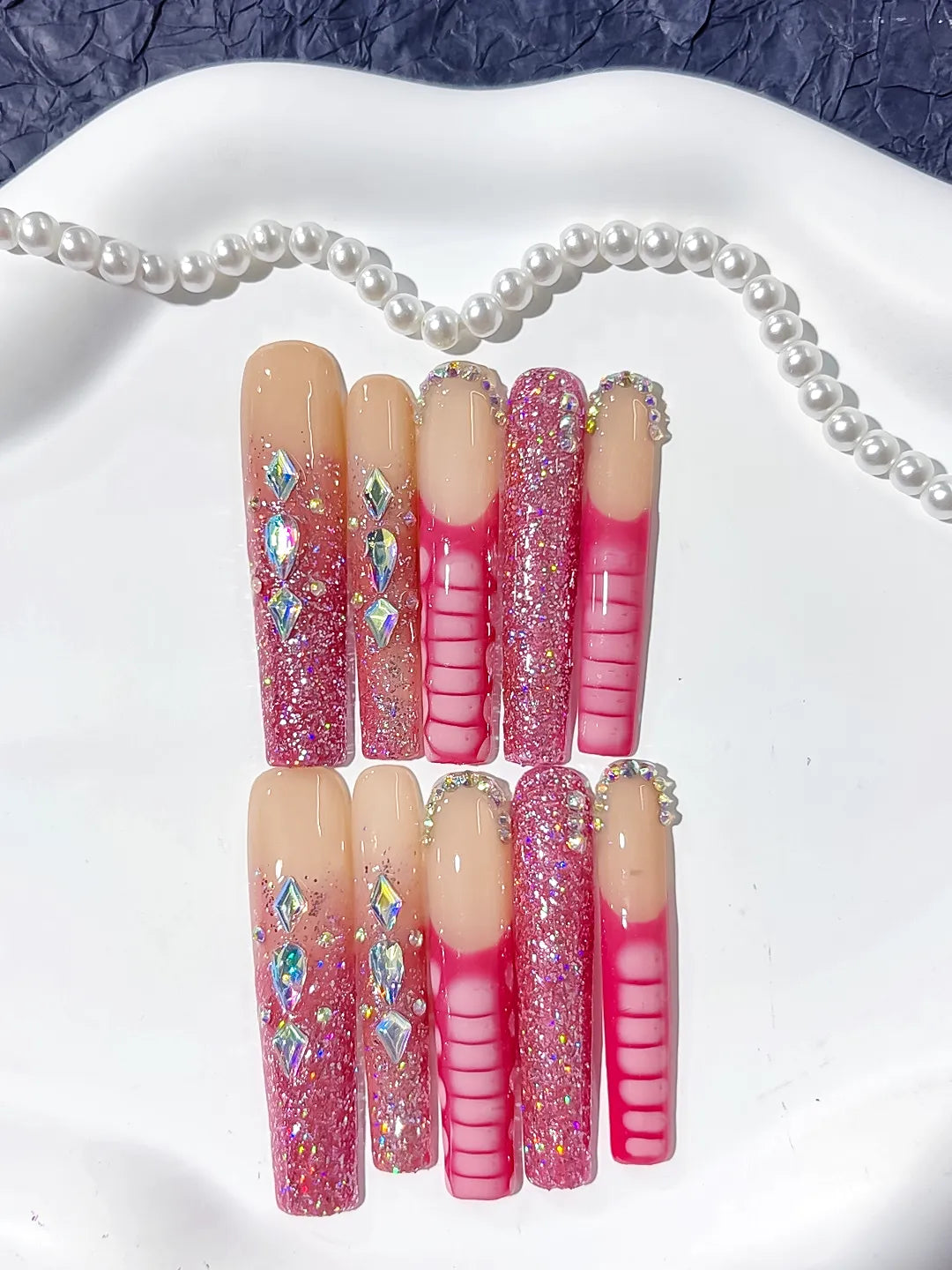 L144 - Long Nude Pink Square Glitter Rhinestone