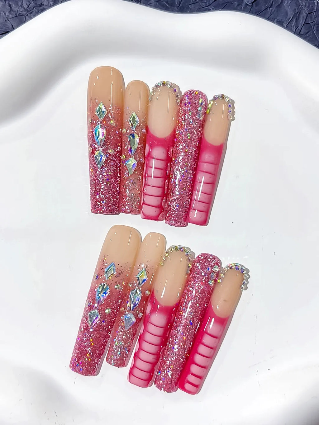 L144 - Long Nude Pink Square Glitter Rhinestone