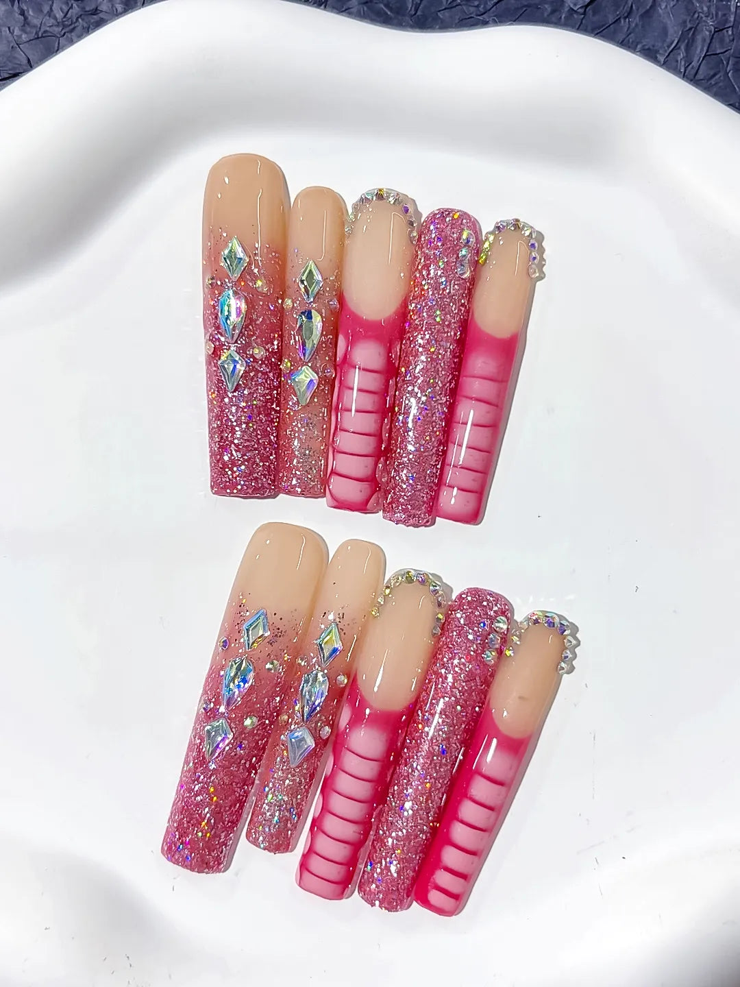 L144 - Long Nude Pink Square Glitter Rhinestone