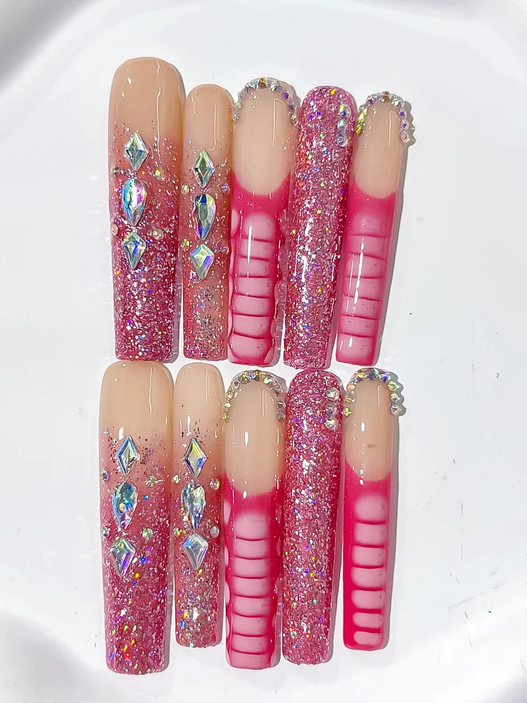 L144 - Long Nude Pink Square Glitter Rhinestone