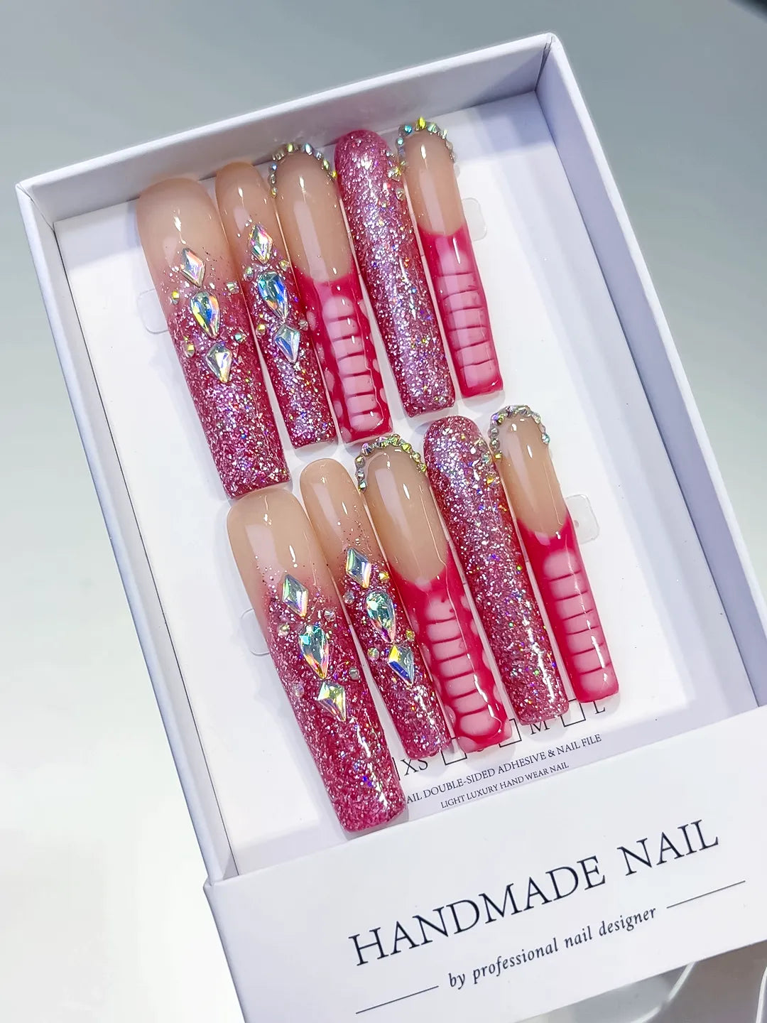 L144 - Long Nude Pink Square Glitter Rhinestone