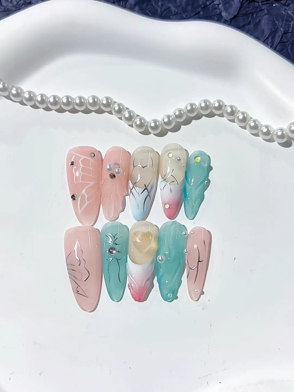 L147 - Long Pink Blue Oval Abstract Butterfly Pearl