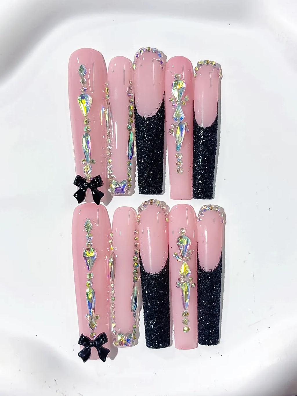 L148 - Long Pink Black Square Glitter Bow Rhinestone