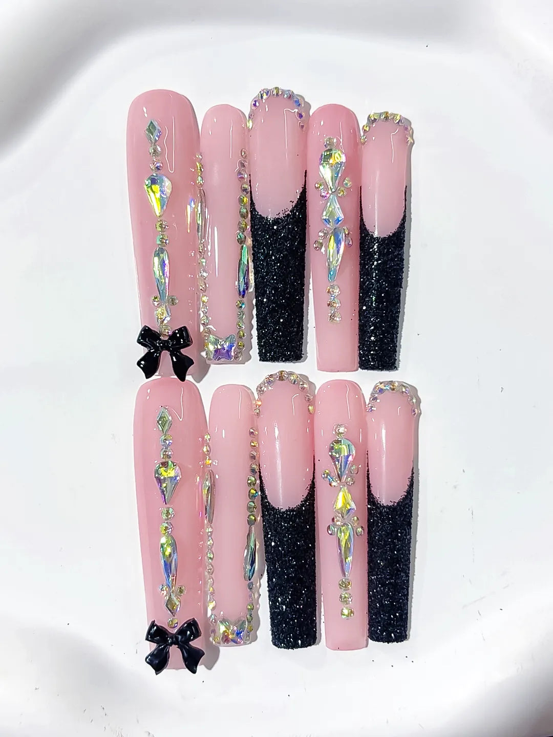 L148 - Long Pink Black Square Glitter Bow Rhinestone