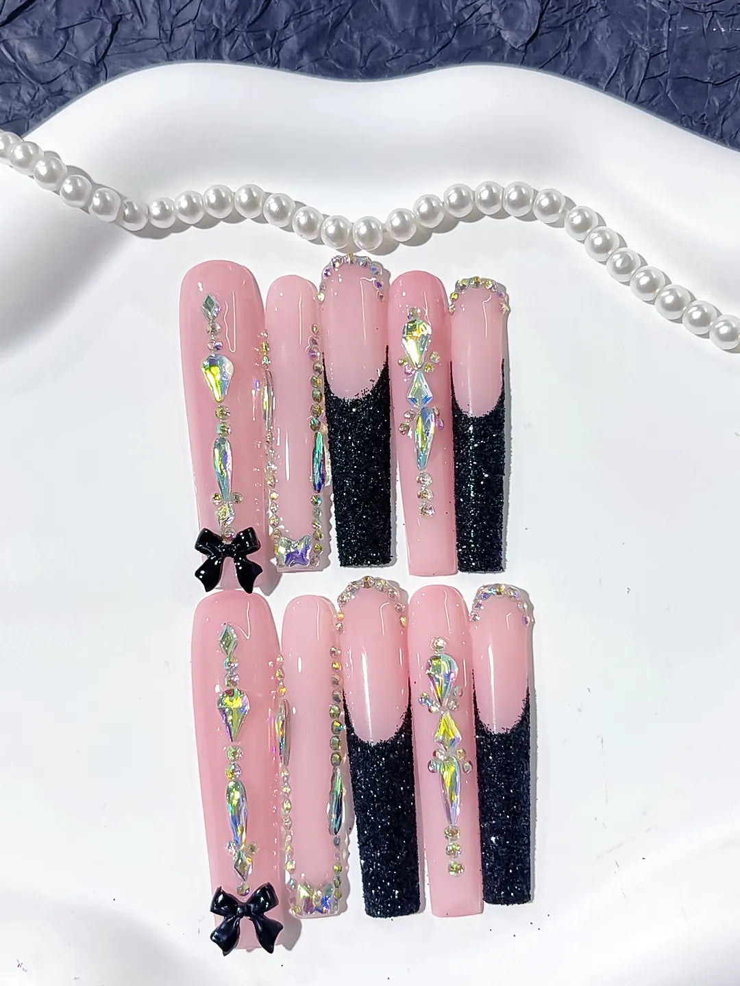 L148 - Long Pink Black Square Glitter Bow Rhinestone