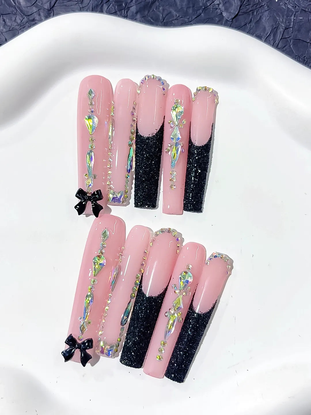 L148 - Long Pink Black Square Glitter Bow Rhinestone