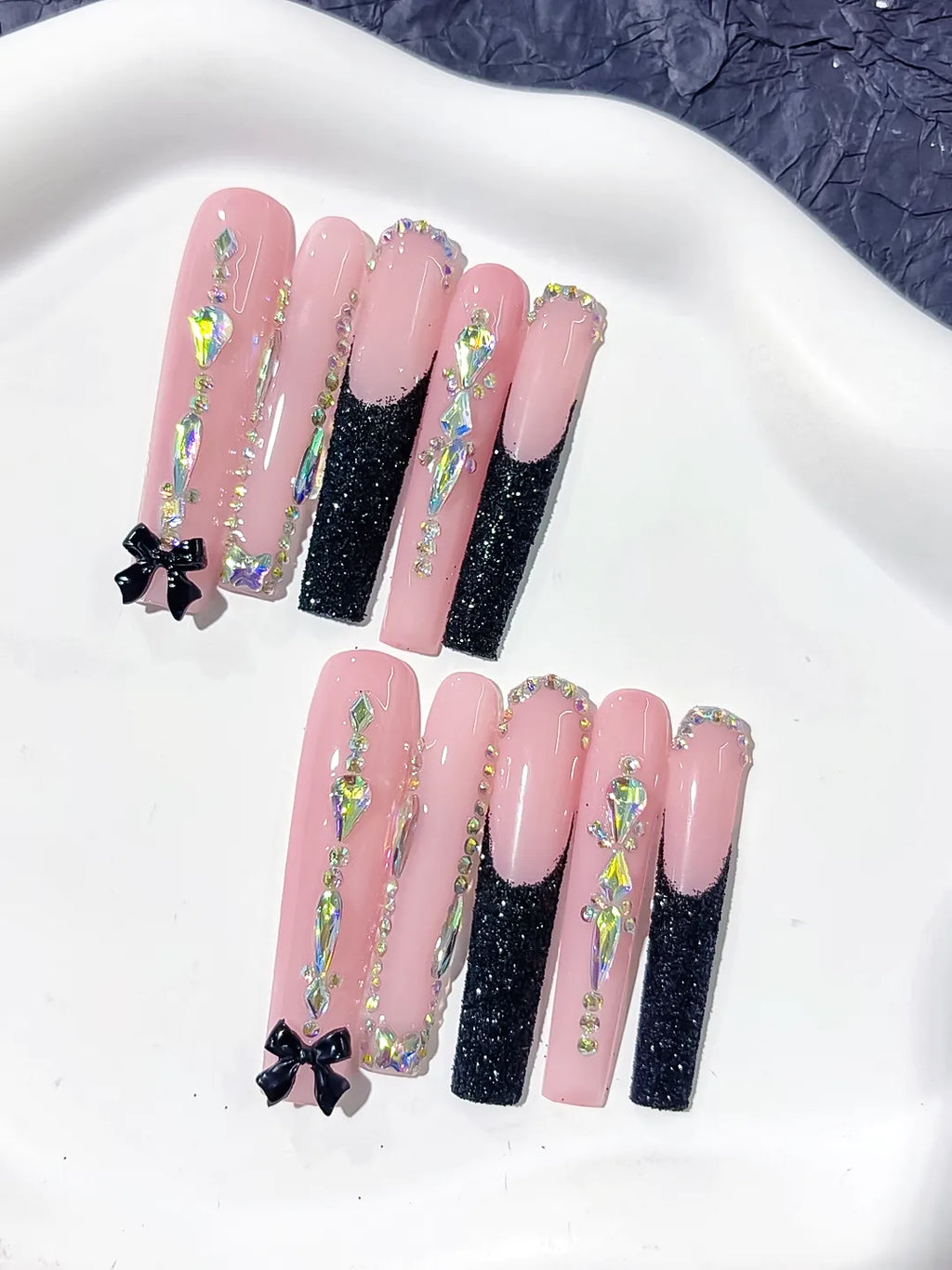 L148 - Long Pink Black Square Glitter Bow Rhinestone