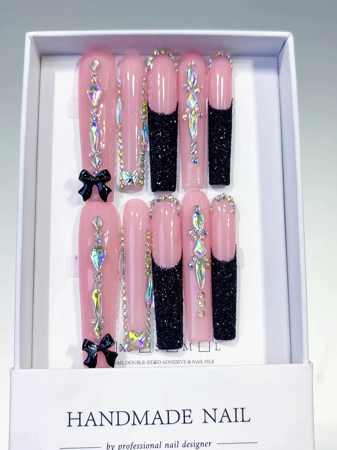 L148 - Long Pink Black Square Glitter Bow Rhinestone