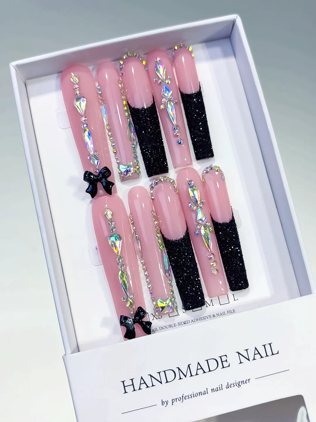 L148 - Long Pink Black Square Glitter Bow Rhinestone