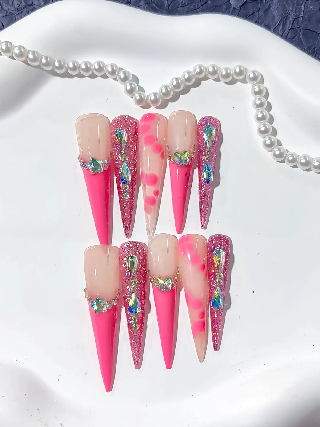 L149 - Long Nude Pink Stiletto Glitter Star Rhinestone