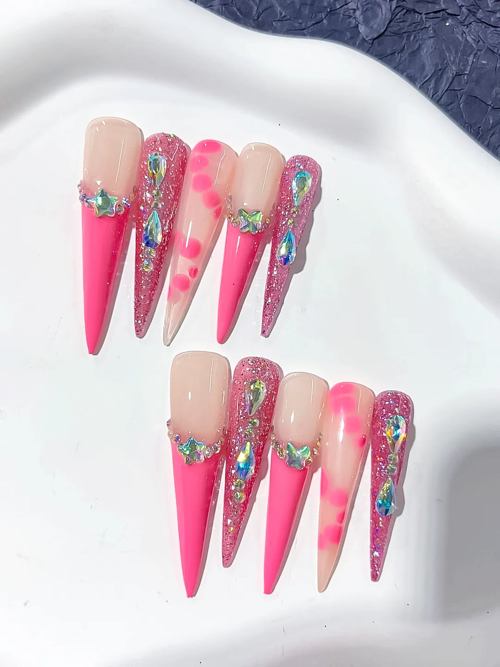 L149 - Long Nude Pink Stiletto Glitter Star Rhinestone