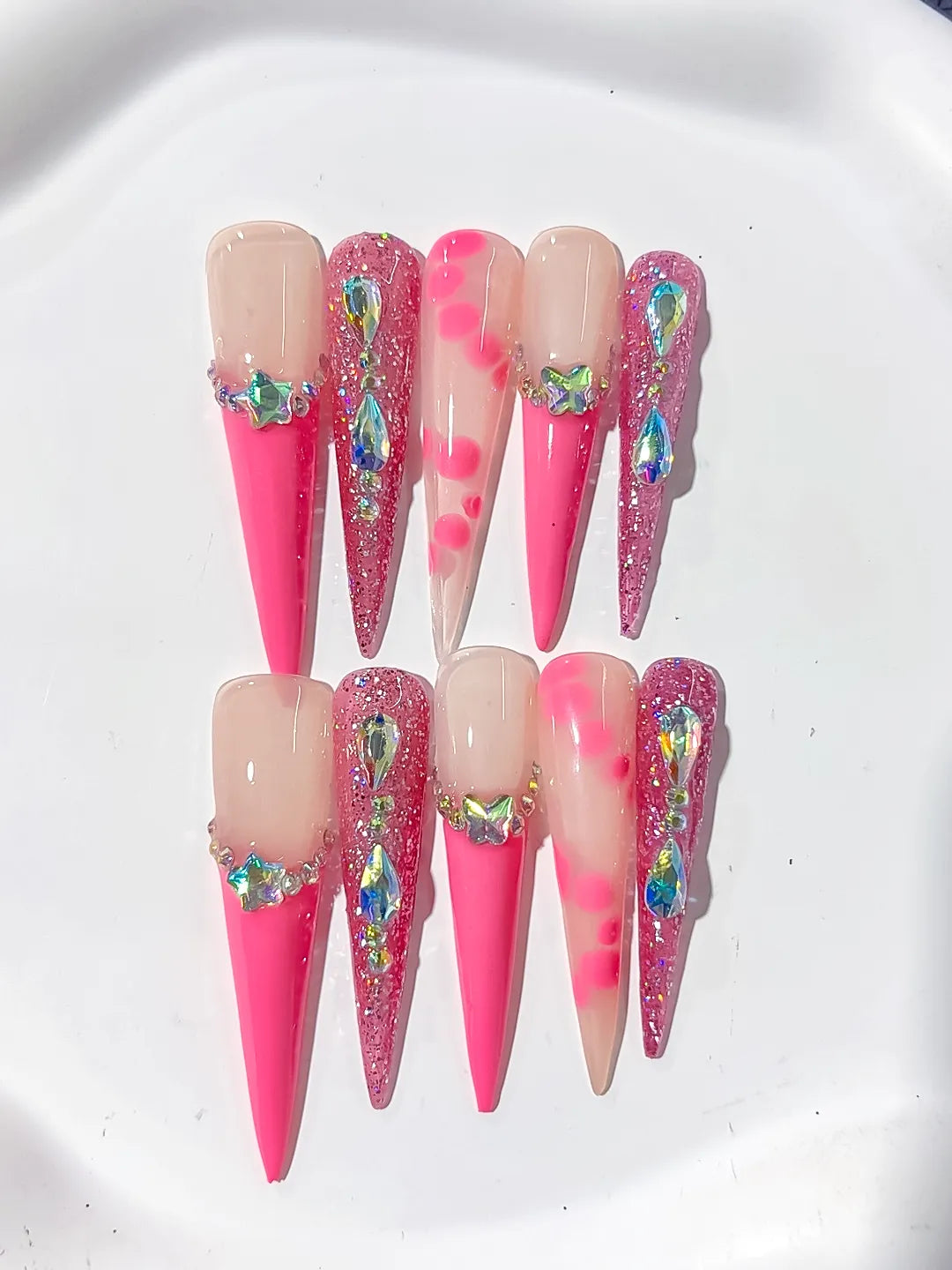 L149 - Long Nude Pink Stiletto Glitter Star Rhinestone