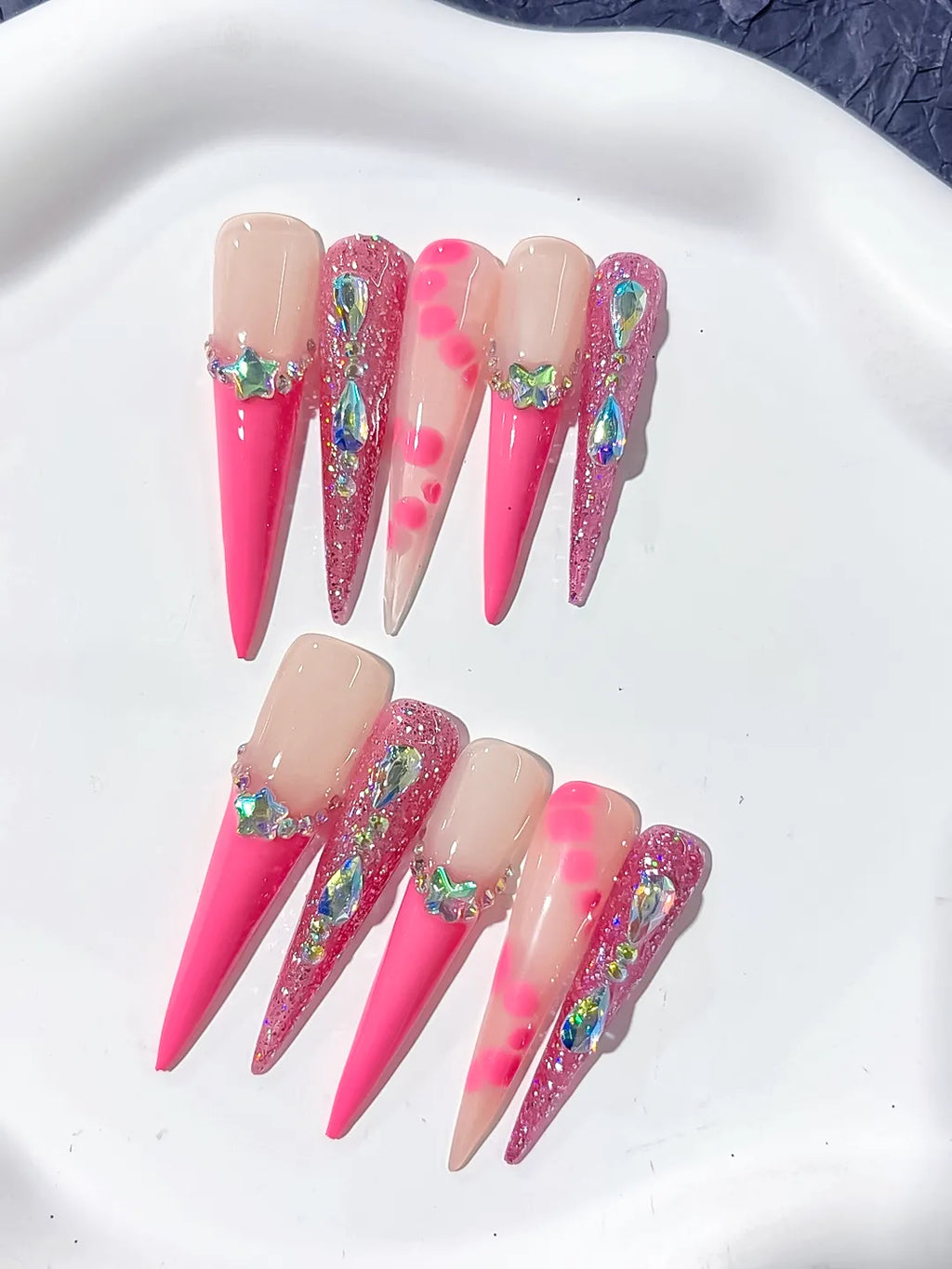 L149 - Long Nude Pink Stiletto Glitter Star Rhinestone