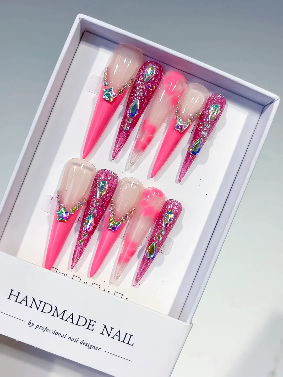 L149 - Long Nude Pink Stiletto Glitter Star Rhinestone