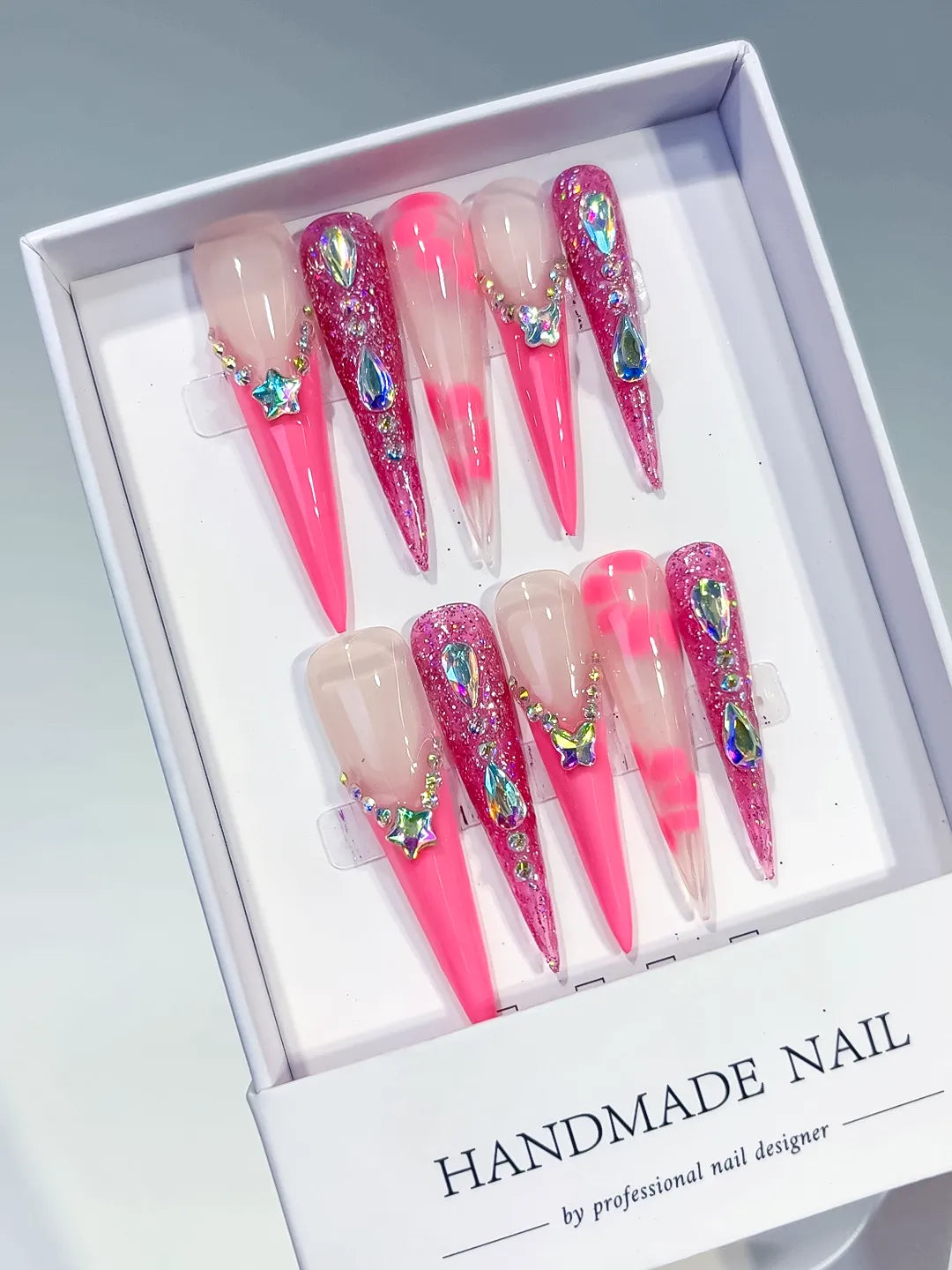 L149 - Long Nude Pink Stiletto Glitter Star Rhinestone