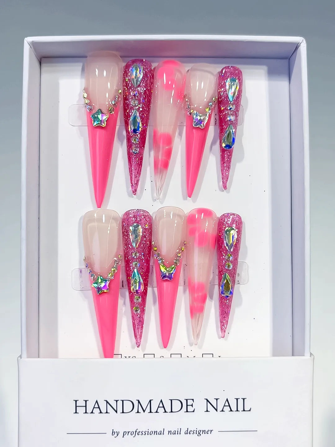 L149 - Long Nude Pink Stiletto Glitter Star Rhinestone