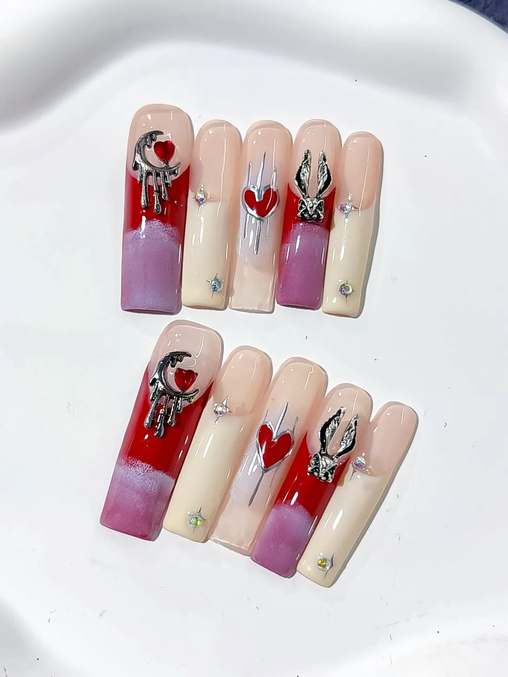 L150 - Long Red Purple Square French tip Bunny Moon