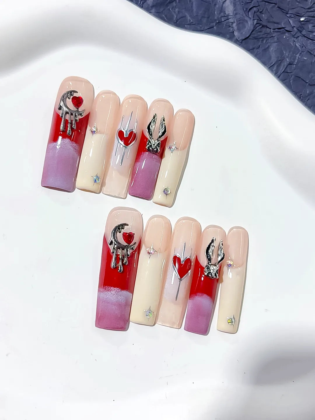 L150 - Long Red Purple Square French tip Bunny Moon