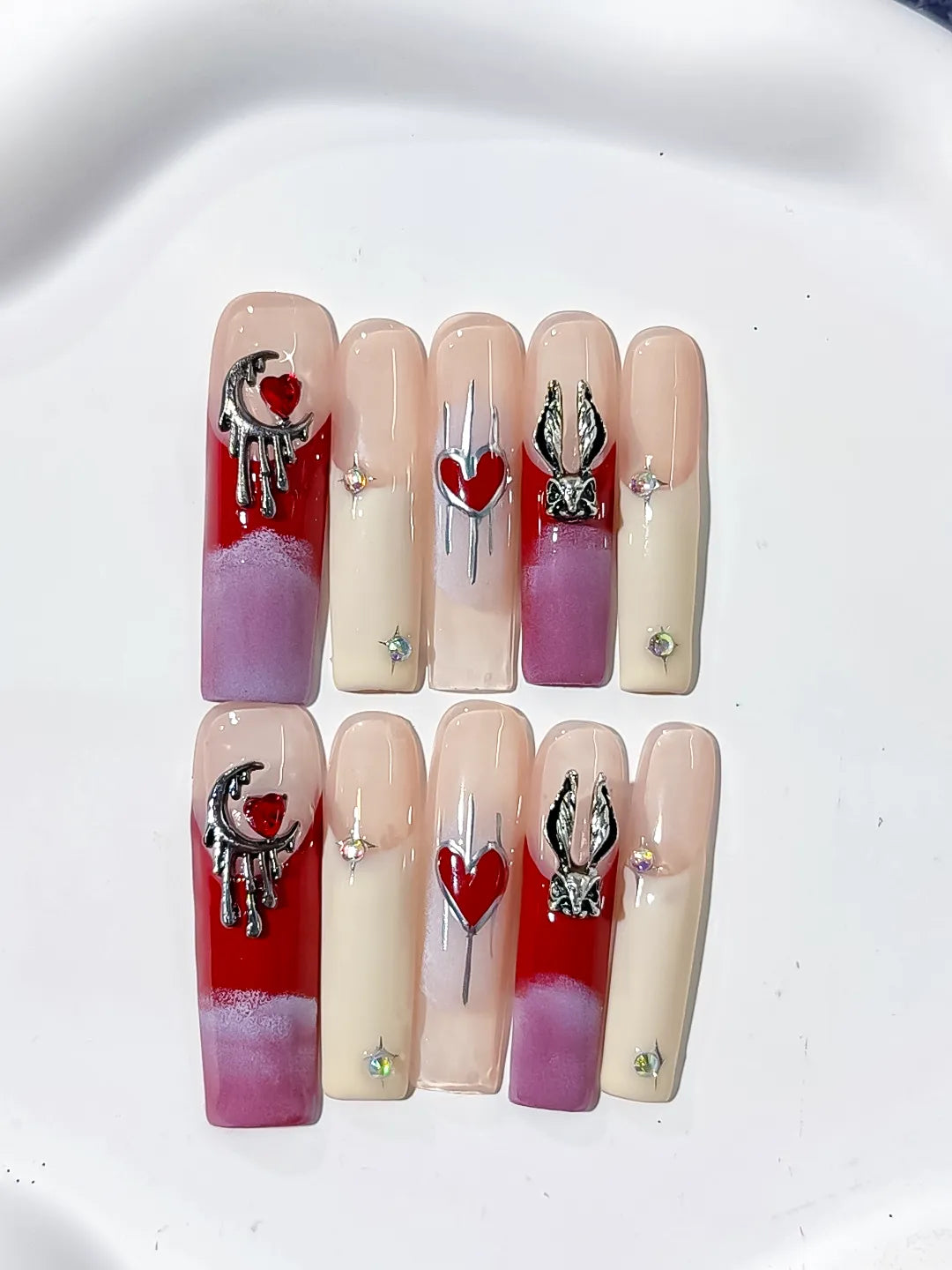 L150 - Long Red Purple Square French tip Bunny Moon