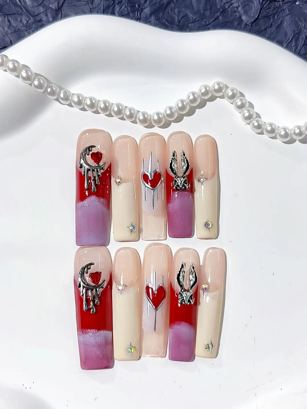L150 - Long Red Purple Square French tip Bunny Moon