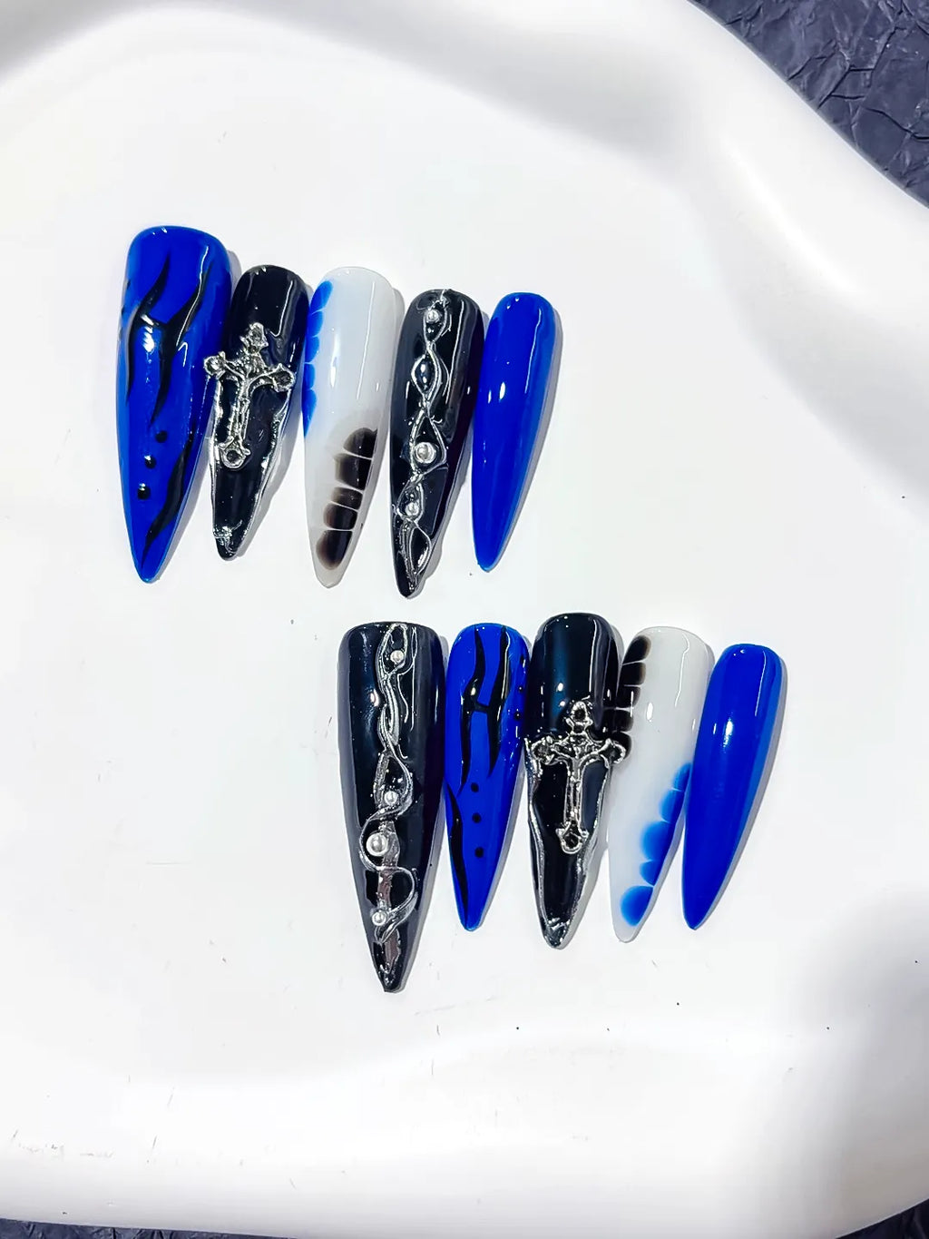 L154 - Long Blue Black Stiletto Abstract Cross Chain