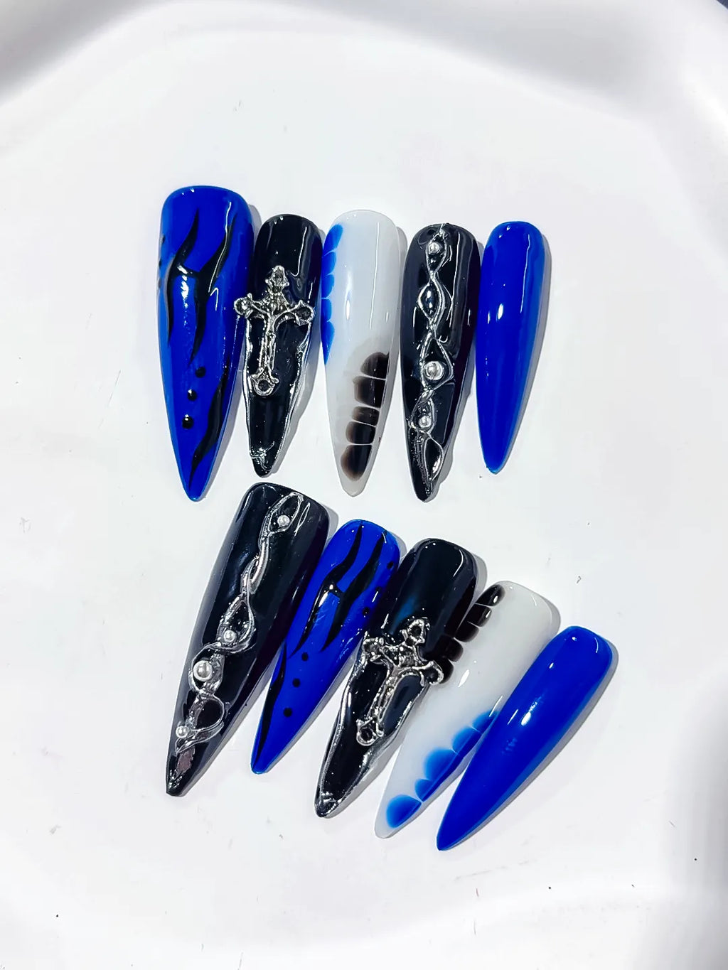 L154 - Long Blue Black Stiletto Abstract Cross Chain