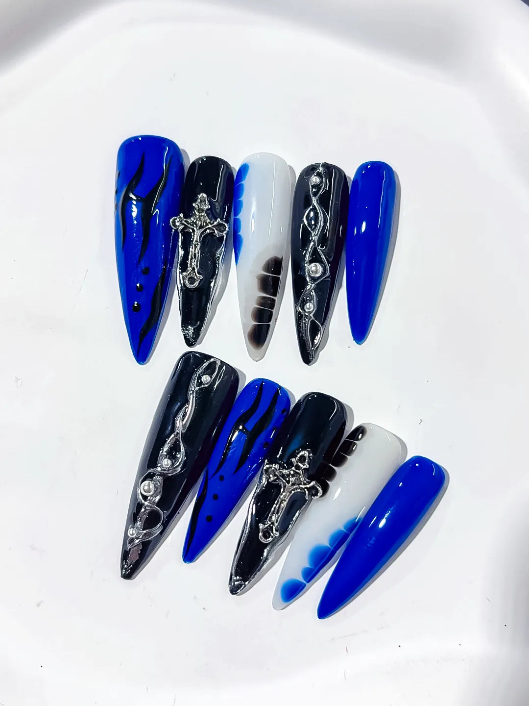 L154 - Long Blue Black Stiletto Abstract Cross Chain