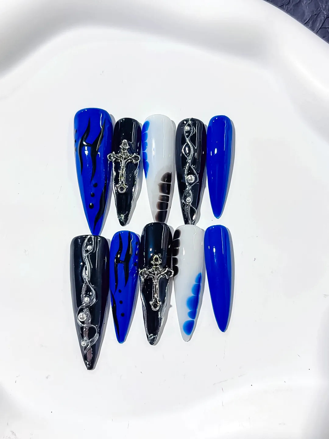 L154 - Long Blue Black Stiletto Abstract Cross Chain