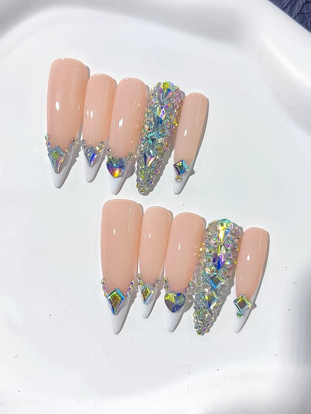L155 - Long Nude White Stiletto French tip Rhinestone