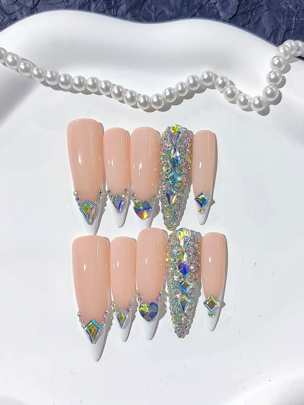 L155 - Long Nude White Stiletto French tip Rhinestone