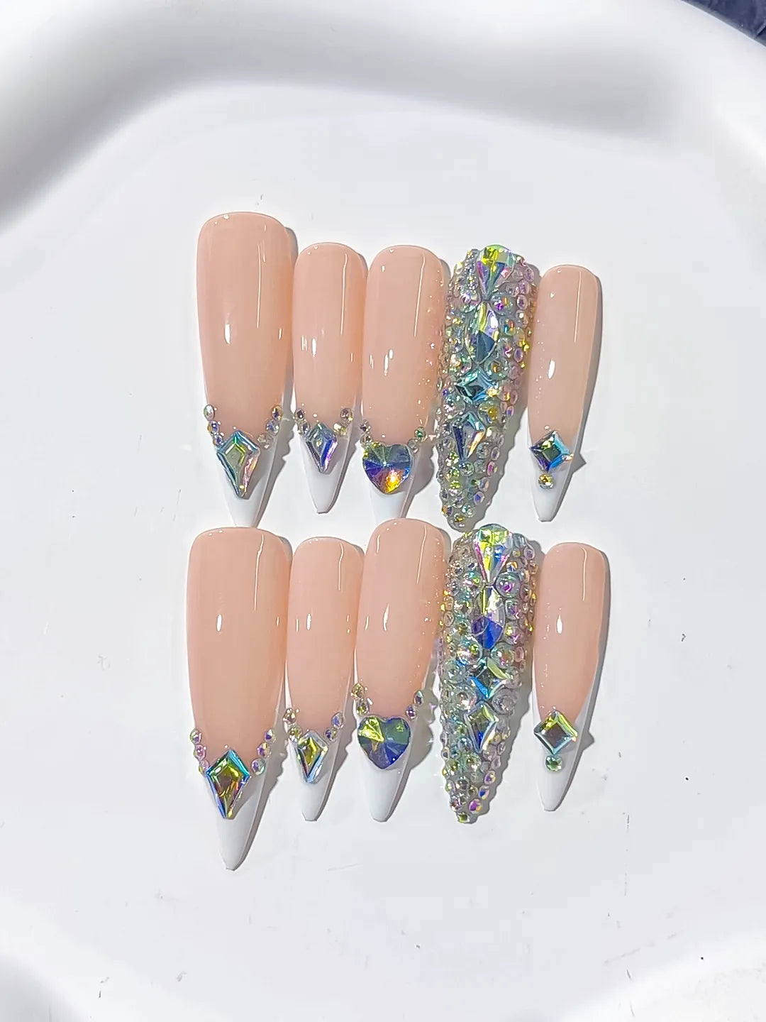 L155 - Long Nude White Stiletto French tip Rhinestone