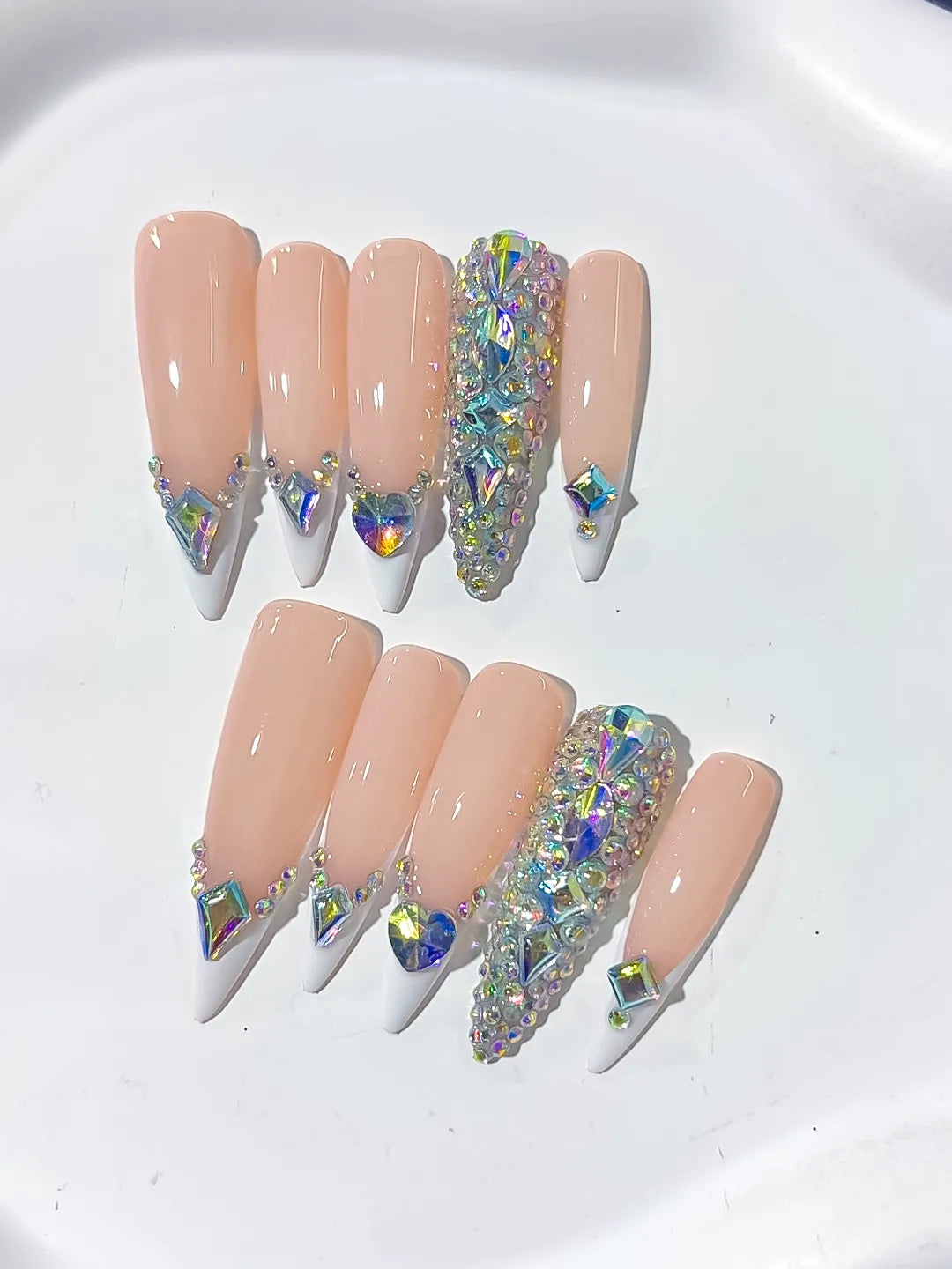 L155 - Long Nude White Stiletto French tip Rhinestone