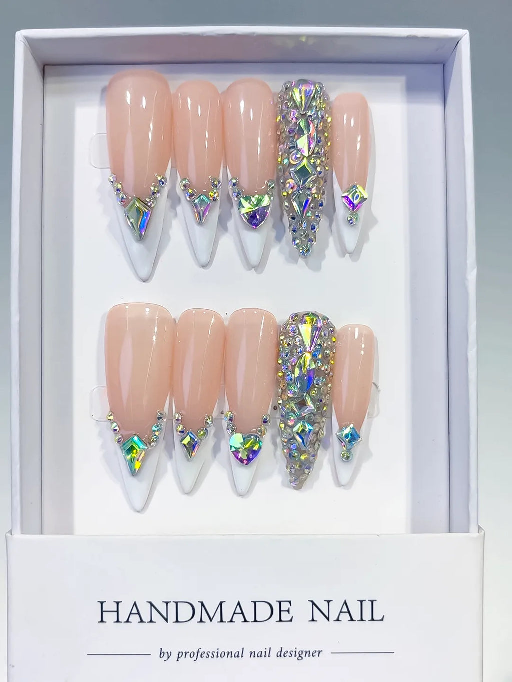L155 - Long Nude White Stiletto French tip Rhinestone