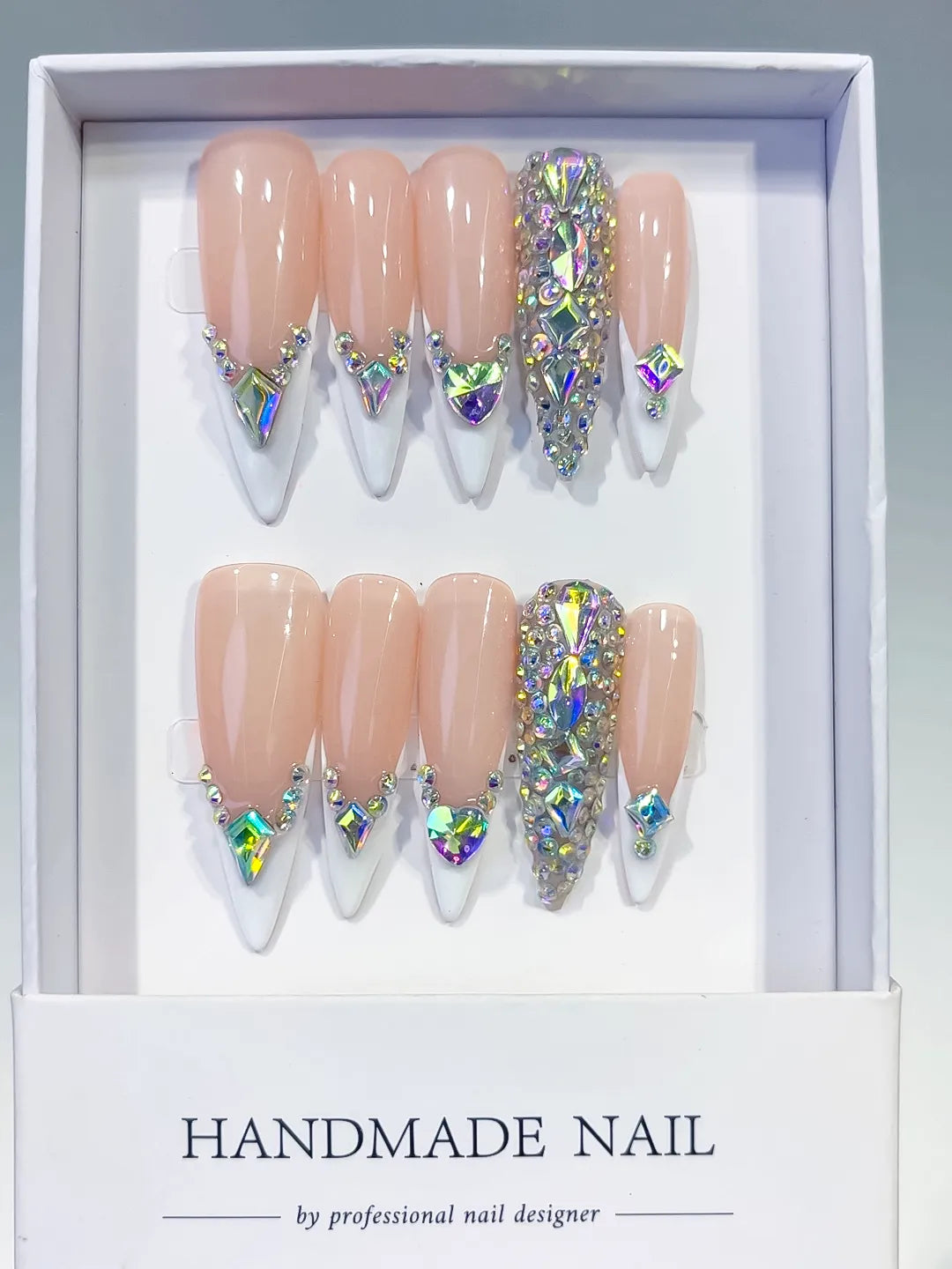 L155 - Long Nude White Stiletto French tip Rhinestone