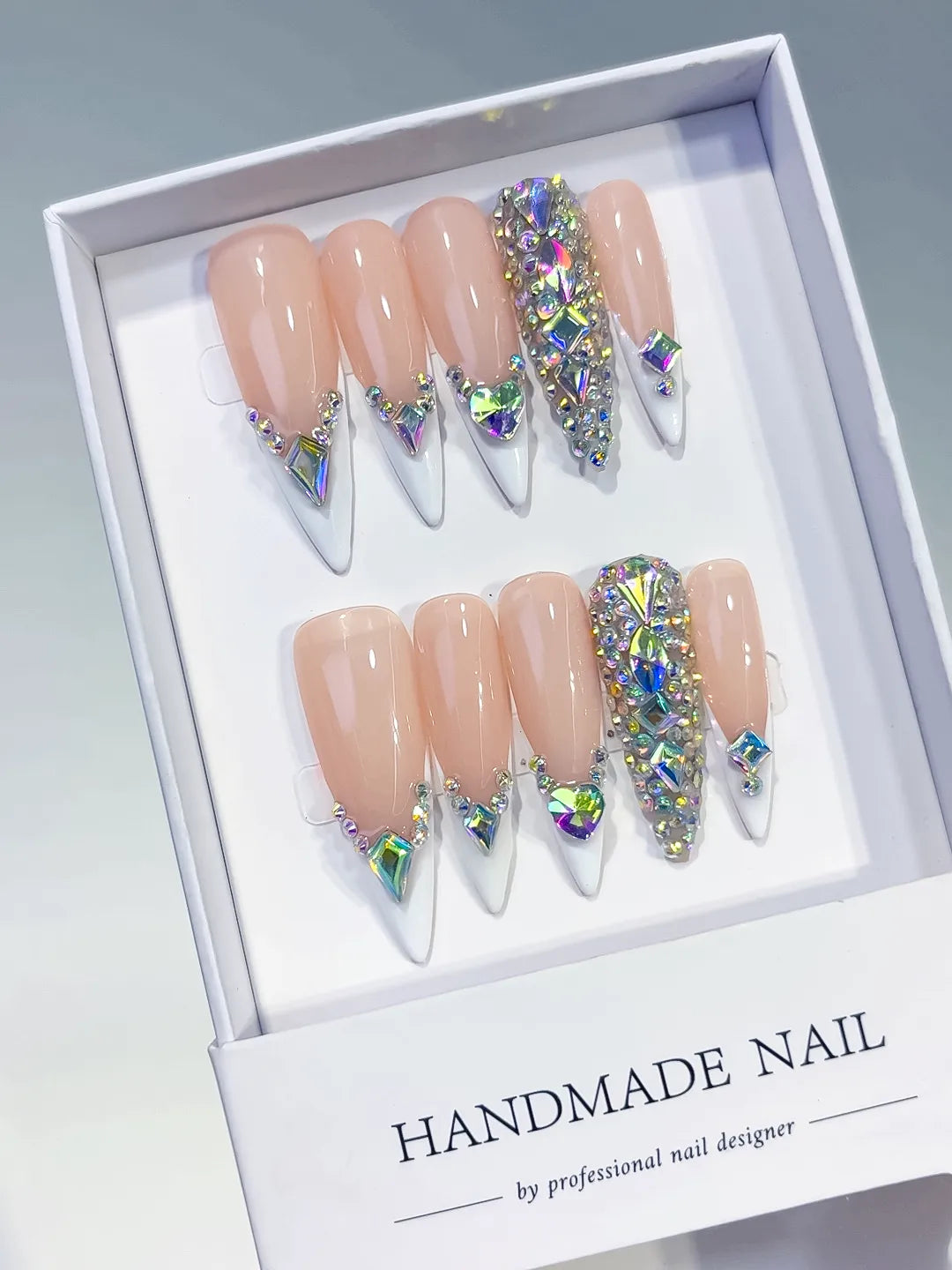 L155 - Long Nude White Stiletto French tip Rhinestone