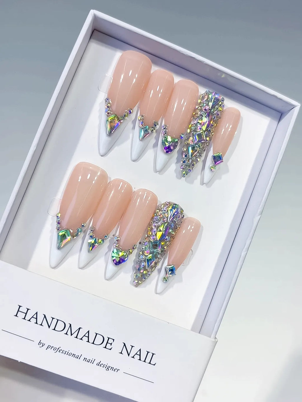 L155 - Long Nude White Stiletto French tip Rhinestone