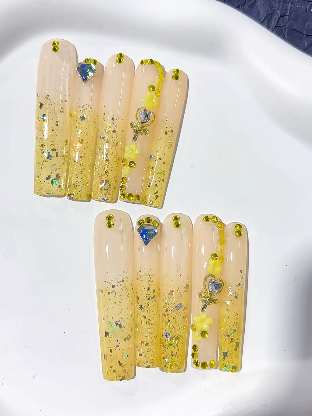 L156 - Long Nude Yellow Square Glitter Flower Rhinestone