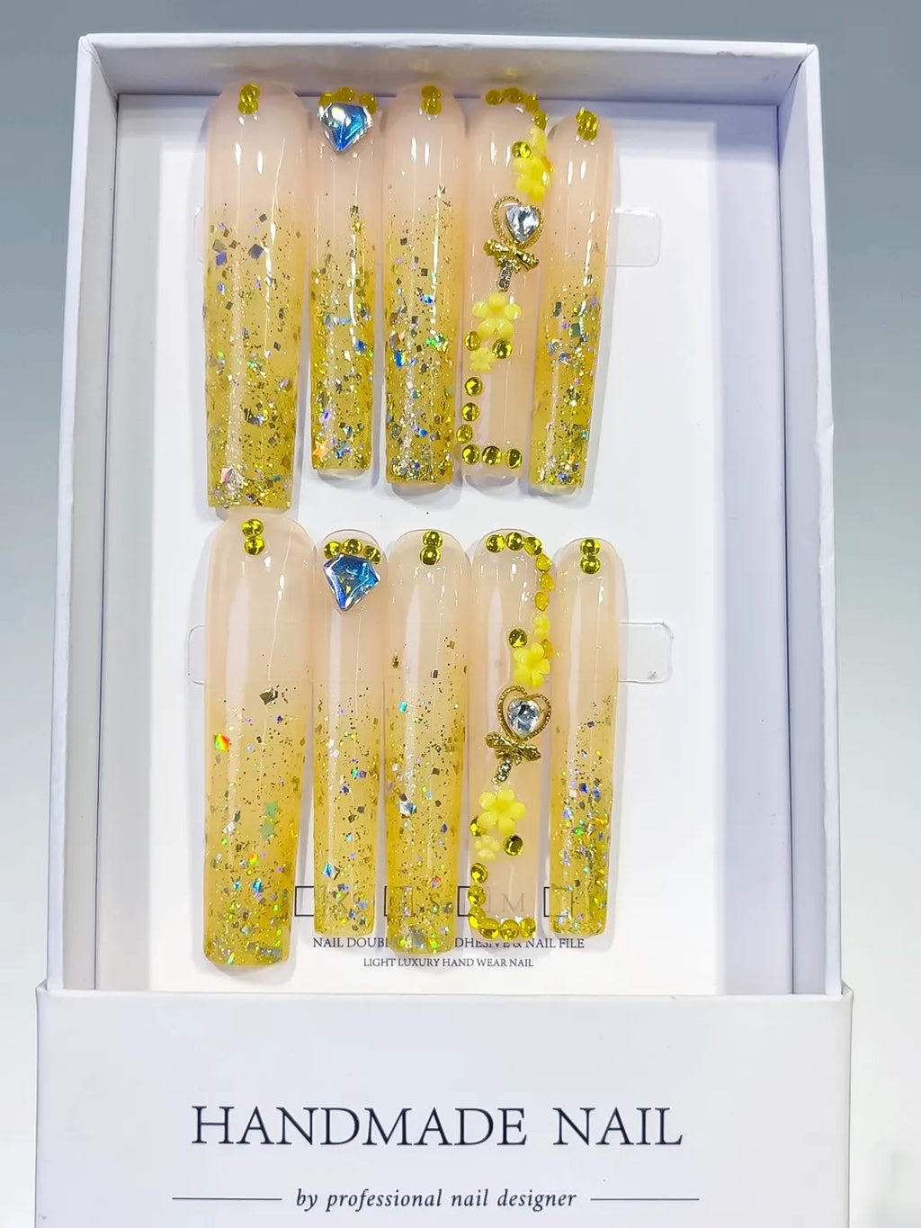 L156 - Long Nude Yellow Square Glitter Flower Rhinestone