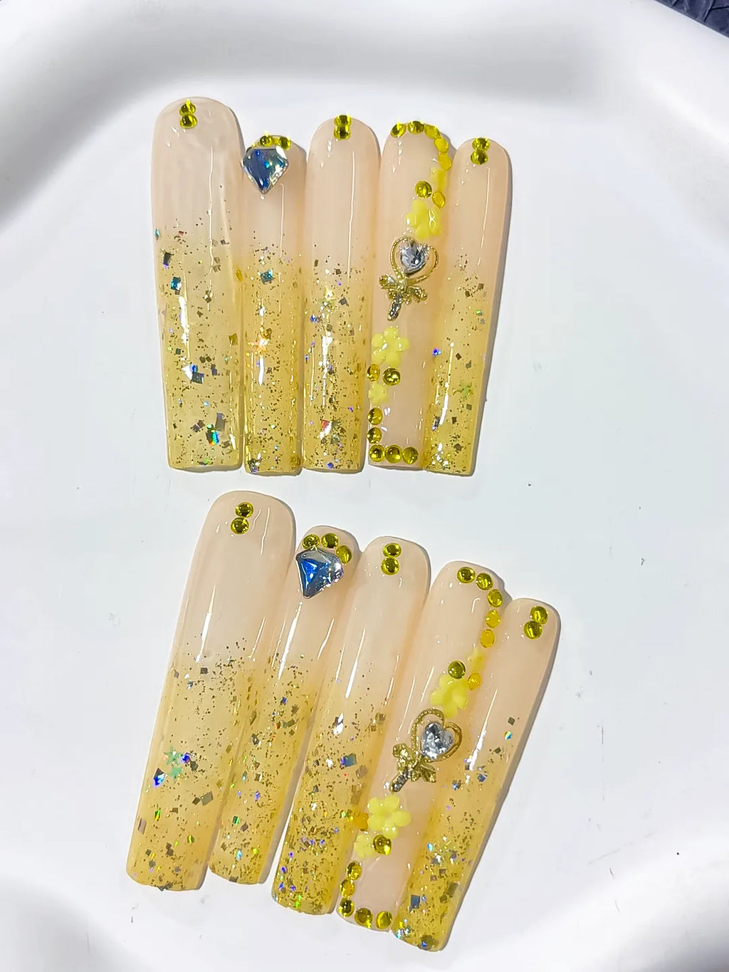 L156 - Long Nude Yellow Square Glitter Flower Rhinestone