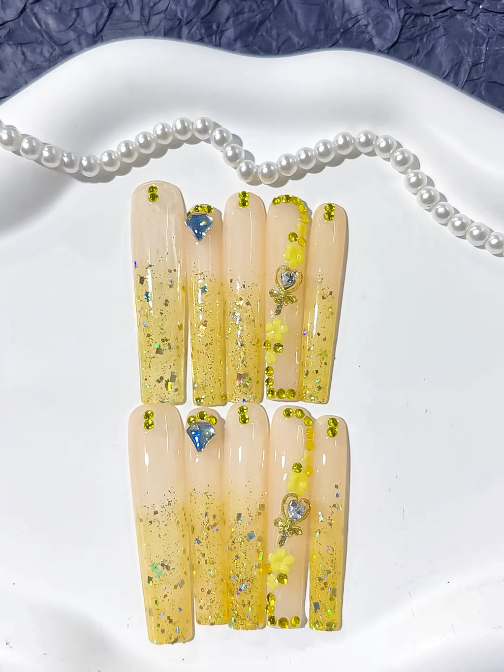 L156 - Long Nude Yellow Square Glitter Flower Rhinestone