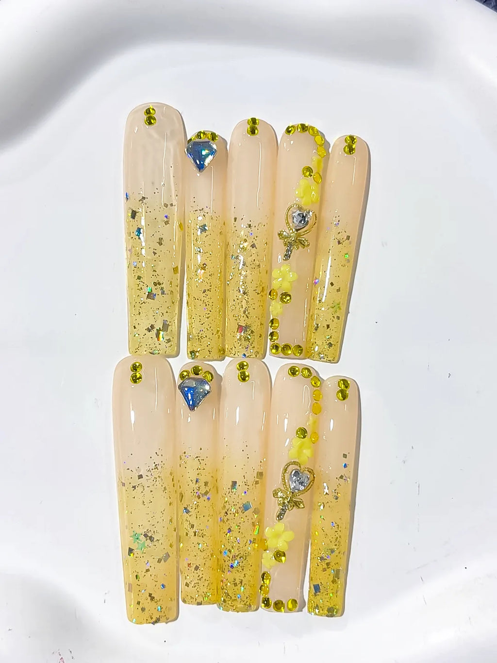 L156 - Long Nude Yellow Square Glitter Flower Rhinestone
