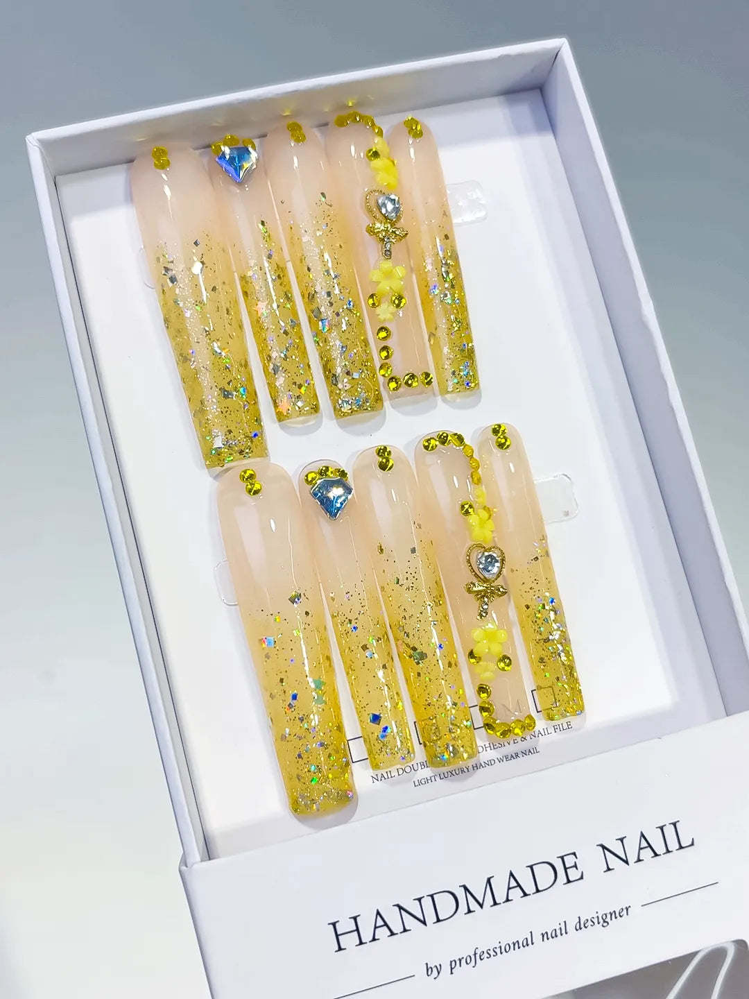 L156 - Long Nude Yellow Square Glitter Flower Rhinestone