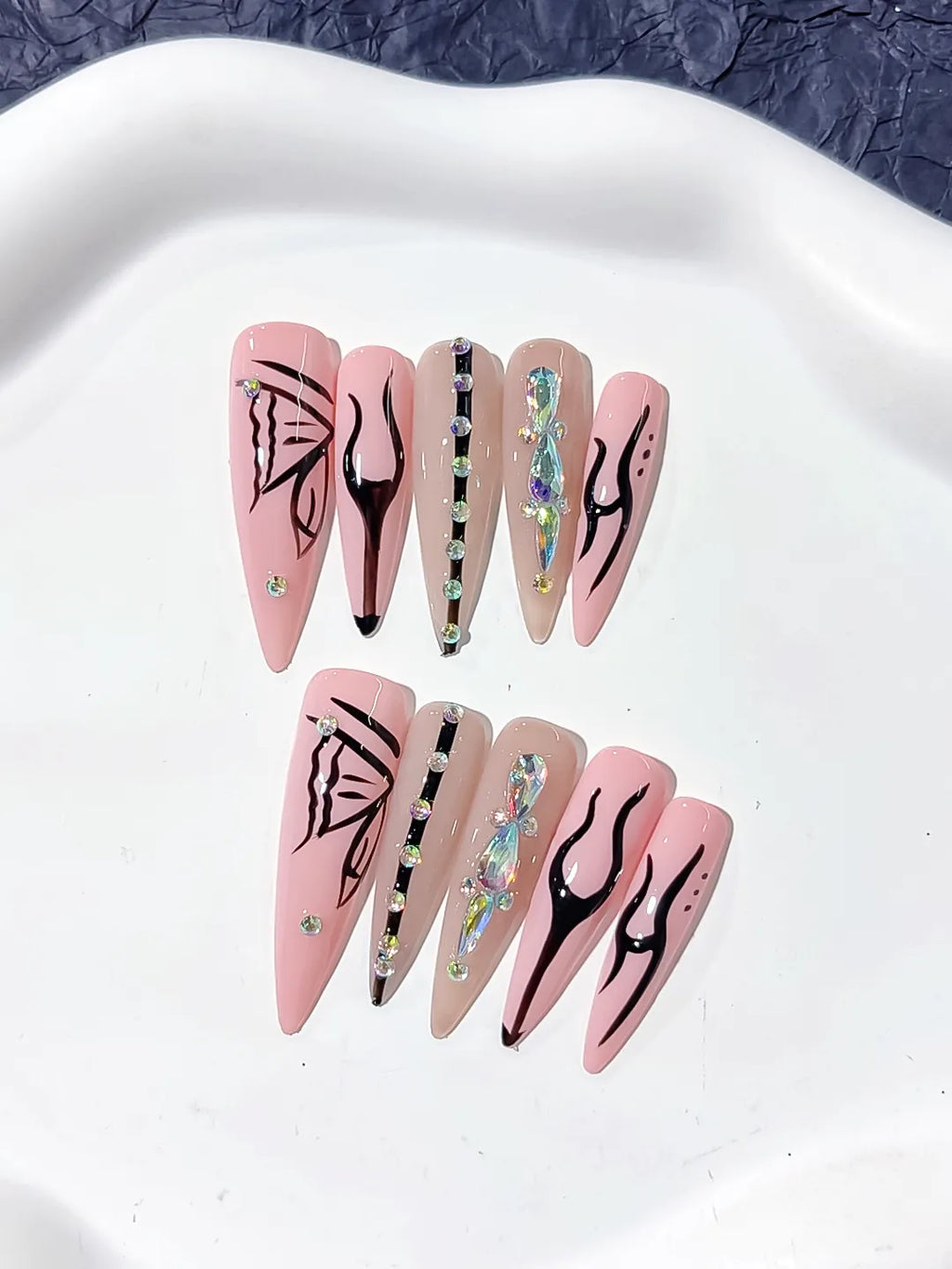 L157 - Long Pink Nude Stiletto Abstract Butterfly Rhinestone