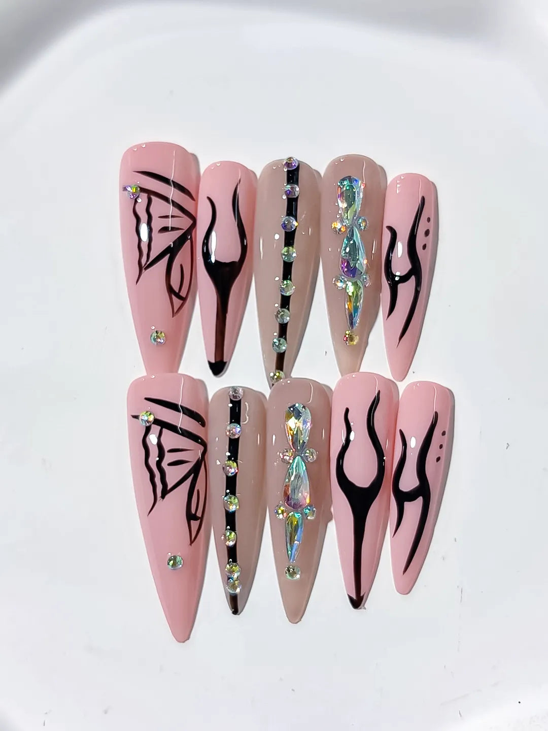 L157 - Long Pink Nude Stiletto Abstract Butterfly Rhinestone