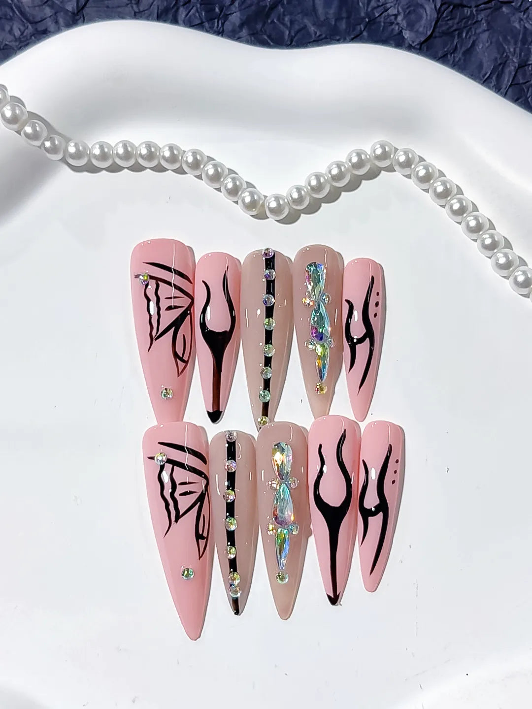 L157 - Long Pink Nude Stiletto Abstract Butterfly Rhinestone