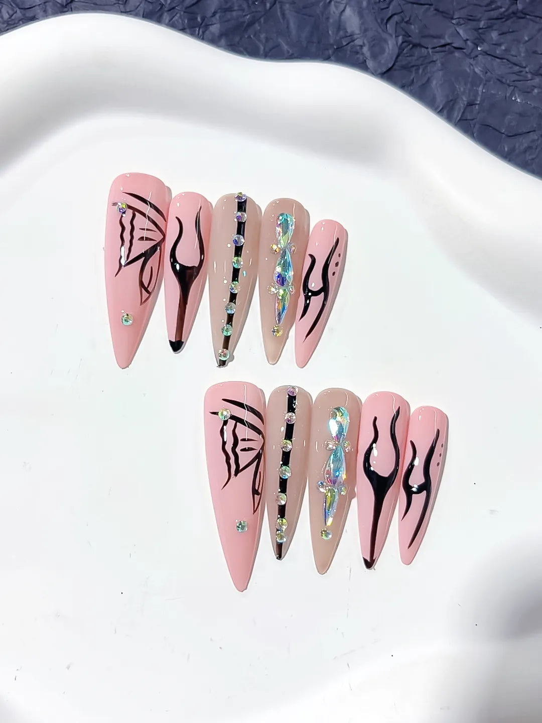L157 - Long Pink Nude Stiletto Abstract Butterfly Rhinestone