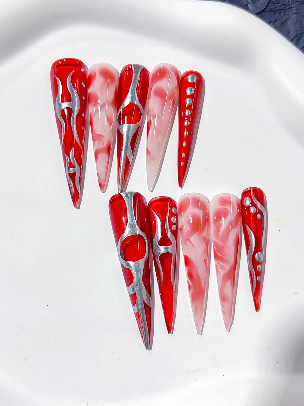 L158 - Long Red White Stiletto Abstract Heart Rhinestone