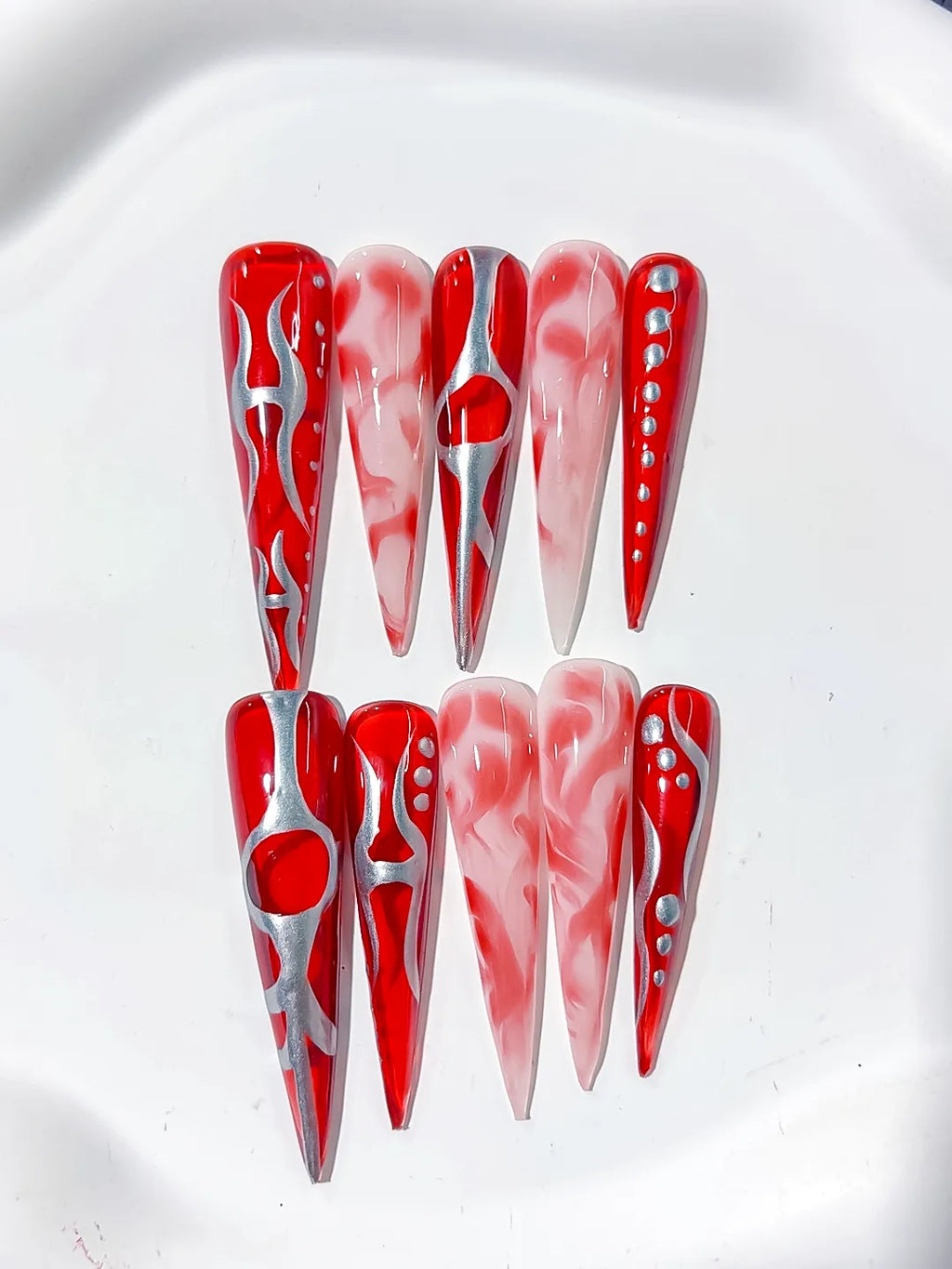 L158 - Long Red White Stiletto Abstract Heart Rhinestone