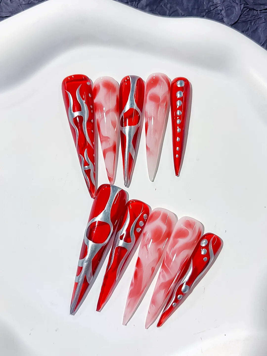 L158 - Long Red White Stiletto Abstract Heart Rhinestone