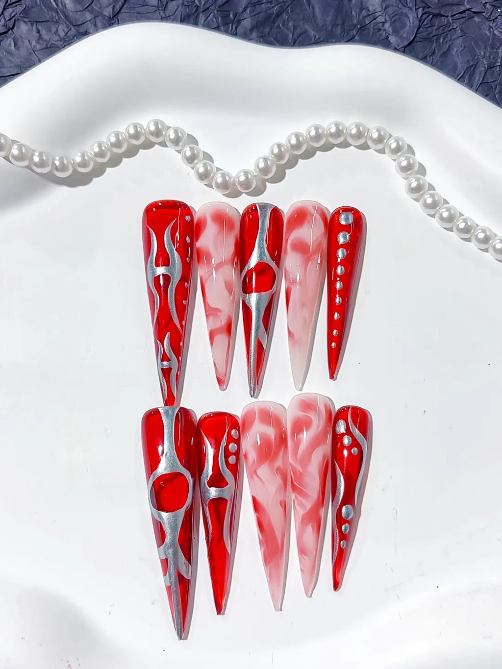L158 - Long Red White Stiletto Abstract Heart Rhinestone